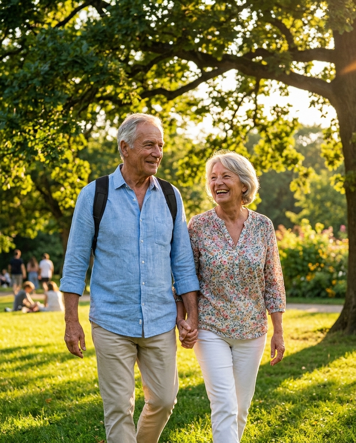 Couple de seniors marchant dans un parc