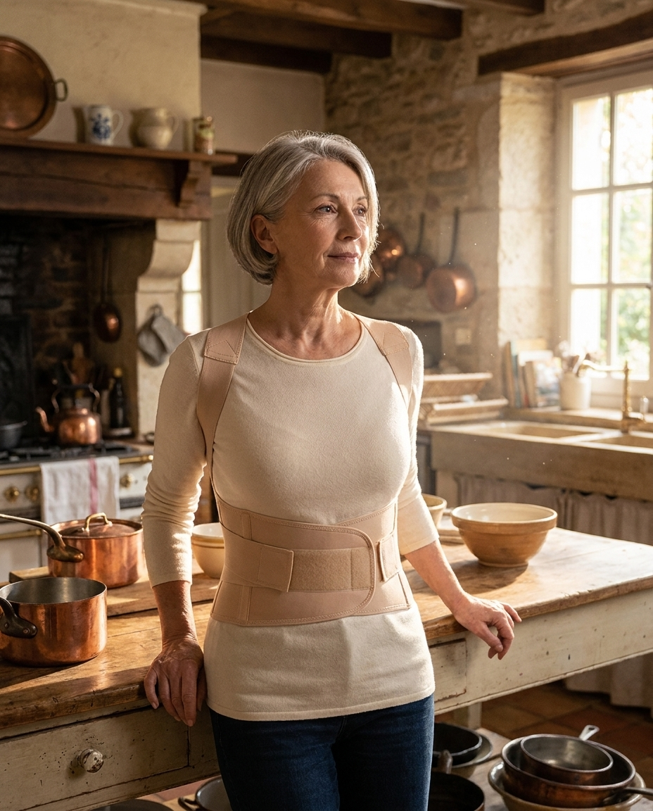 Femme senior portant le correcteur de posture Mirzelo beige dans sa cuisine