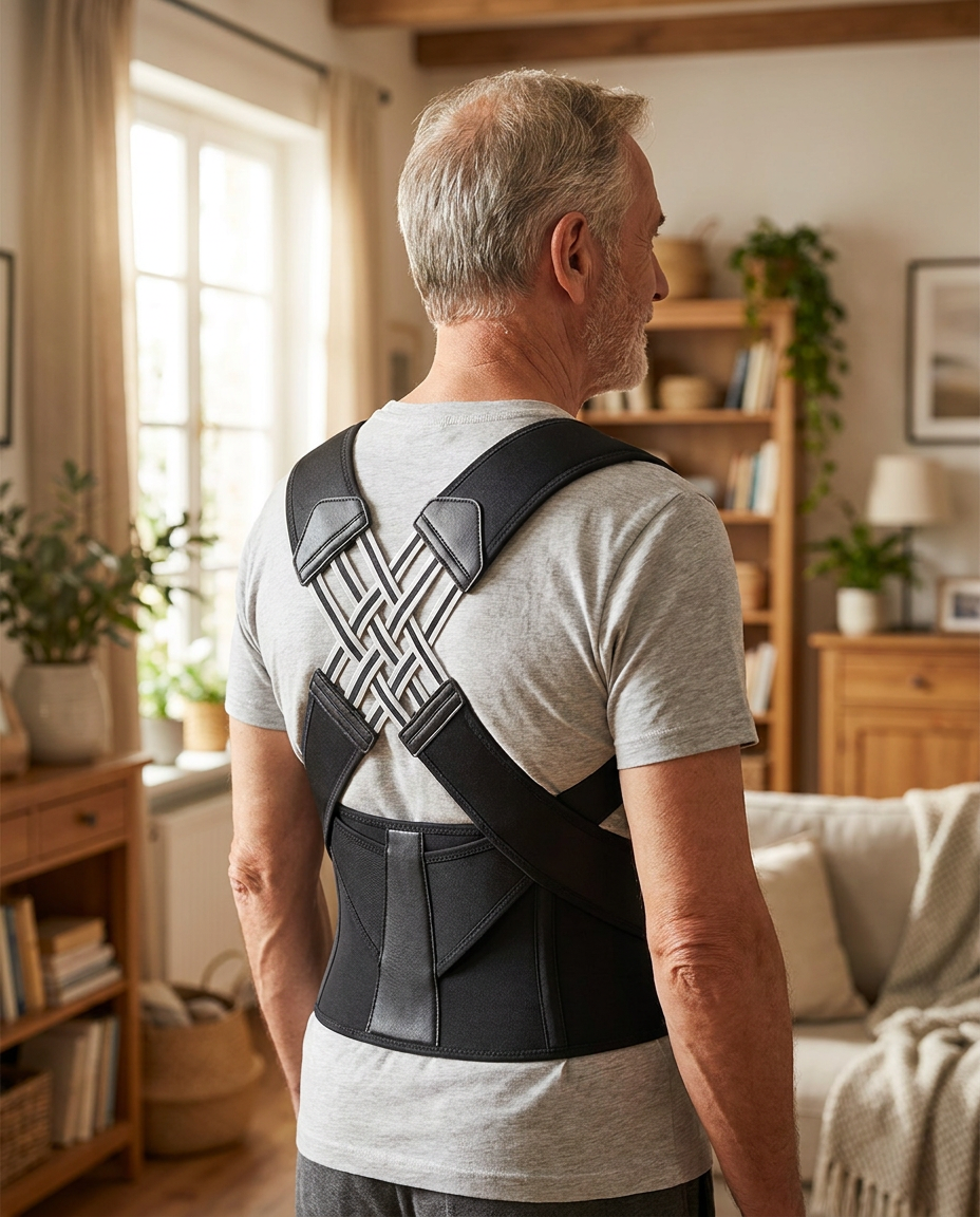 Homme senior portant le correcteur de posture Mirzelo, vue de dos